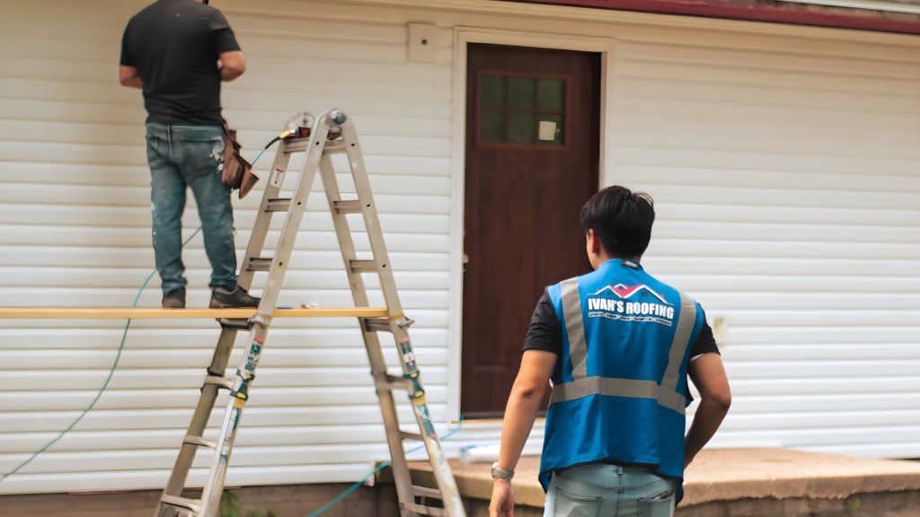 Professional roof inspection Highland IN technician examining residential roof shingles and structure