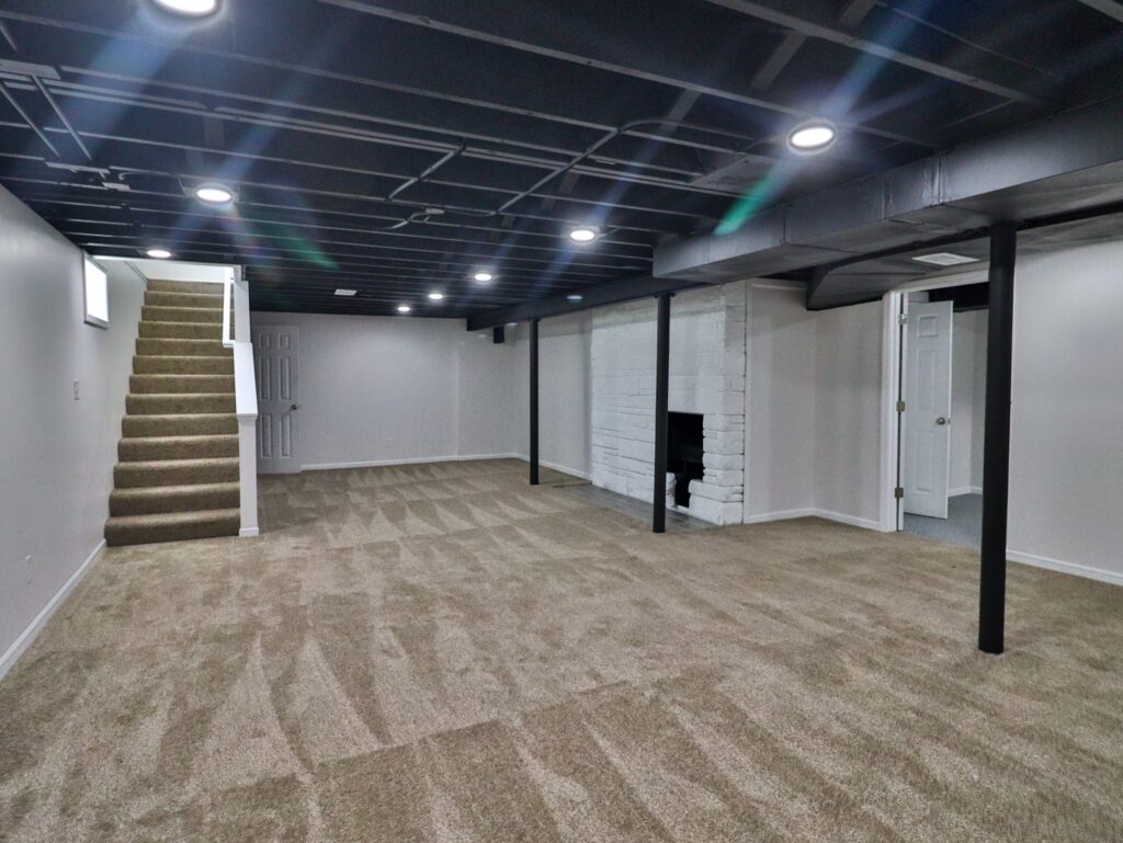 finished basement carpet fireplace